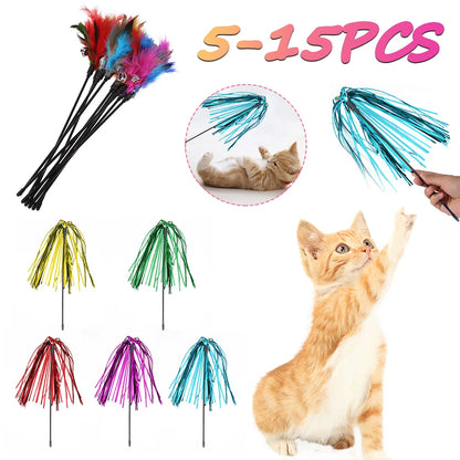 5Pcs-15Pcs Cat Toys Feather Wand Kitten Cat Teaser Turkey Feather Interactive Stick Toy Wire Chaser Wand Toy Random Color
